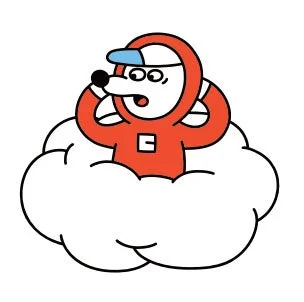 赤いパーカーと青いキャップをかぶった白い犬のキャラクターイラスト