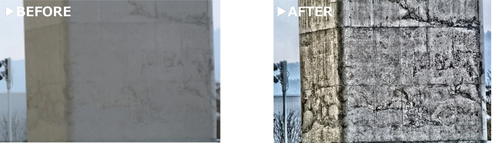 コンクリート構造物の劣化箇所のBefore/After比較画像