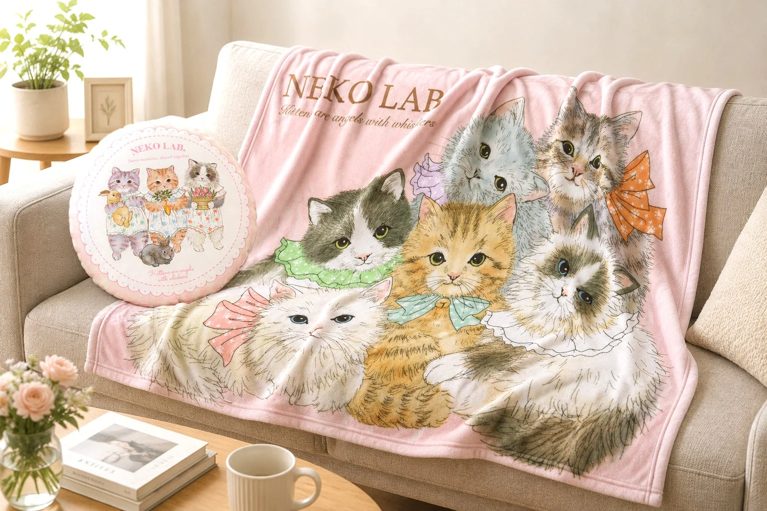 ピンクのブランケットに子猫のイラストが描かれた商品